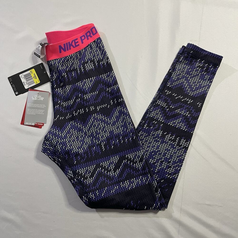 Nike Pro Hyperwarm Women’s S Leggings Purple Geometric Nordic Print Pink Waist
